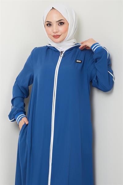 Şeritli Biye Detaylı Ferace İndigo HM2151