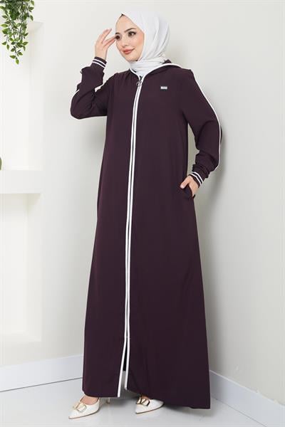 Şeritli Biye Detaylı Ferace Mürdüm HM2151