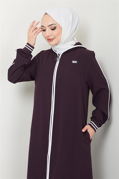 Şeritli Biye Detaylı Ferace Mürdüm HM2151