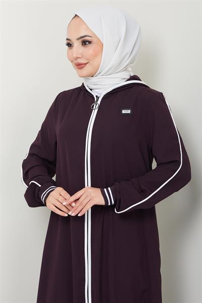 Şeritli Biye Detaylı Ferace Mürdüm HM2151