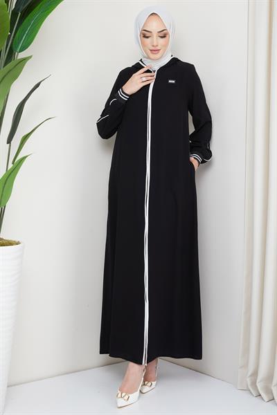 Şeritli Biye Detaylı Ferace Siyah
