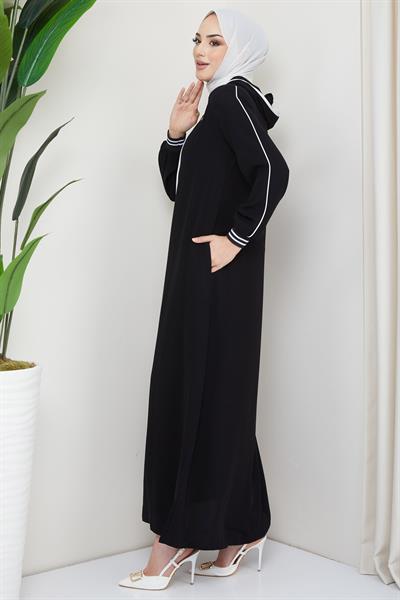 Şeritli Biye Detaylı Ferace Siyah