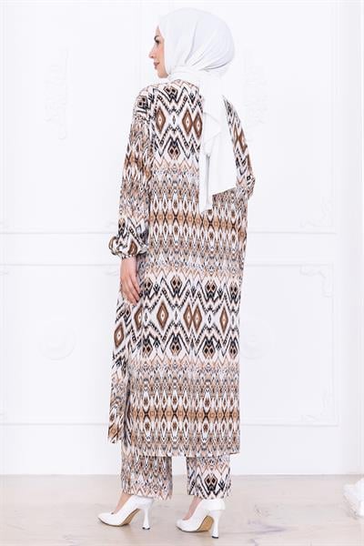 Seva Desenli Viskon Kimono Takım Kahverengi HM2762
