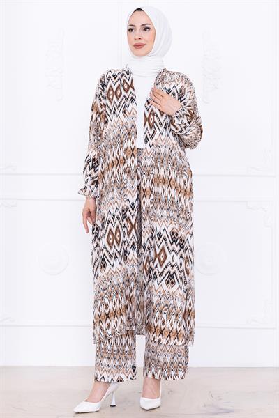 Seva Desenli Viskon Kimono Takım Kahverengi HM2762