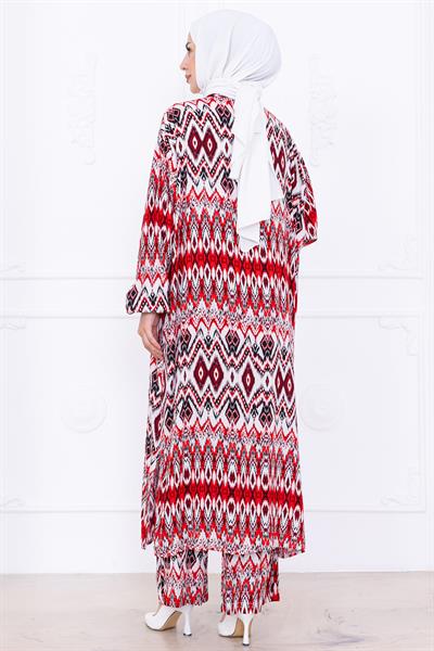 Seva Desenli Viskon Kimono Takım Kırmızı HM2762