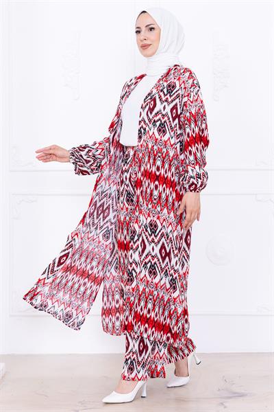 Seva Desenli Viskon Kimono Takım Kırmızı HM2762