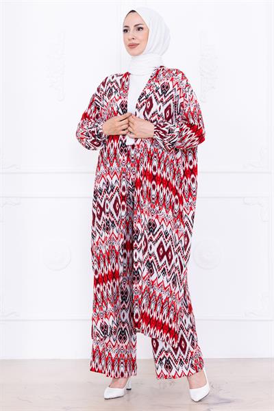 Seva Desenli Viskon Kimono Takım Kırmızı HM2762