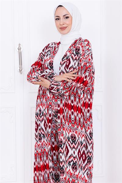 Seva Desenli Viskon Kimono Takım Kırmızı HM2762