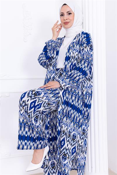 Seva Desenli Viskon Kimono Takım Mavi HM2762