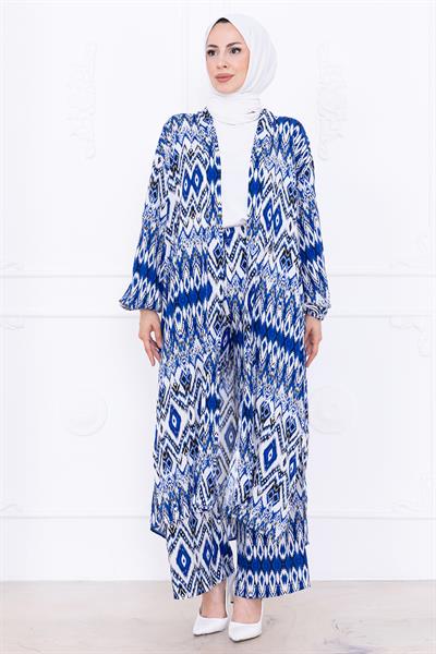 Seva Desenli Viskon Kimono Takım Mavi HM2762