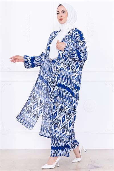 Seva Desenli Viskon Kimono Takım Mavi HM2762