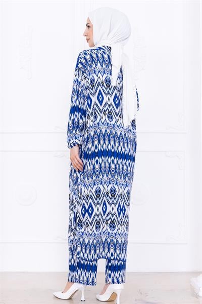 Seva Desenli Viskon Kimono Takım Mavi HM2762