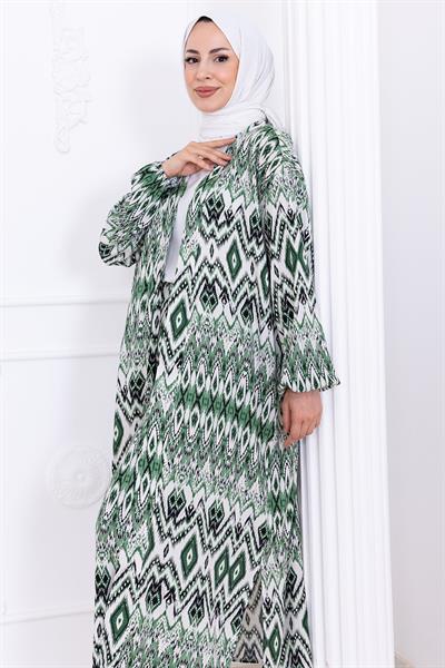 Seva Desenli Viskon Kimono Takım Yeşil HM2762