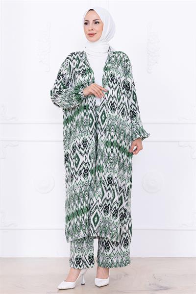 Seva Desenli Viskon Kimono Takım Yeşil HM2762