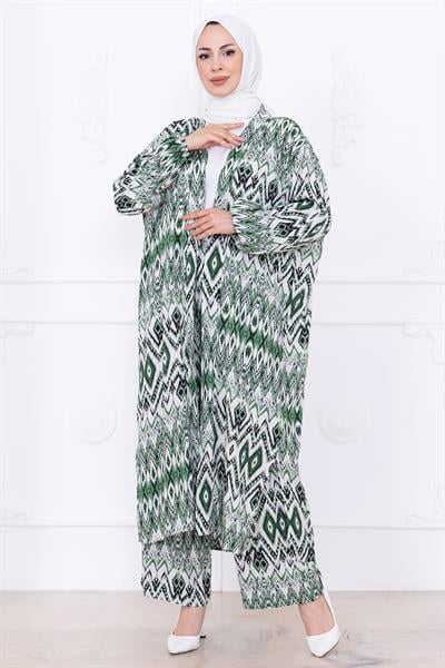 Seva Desenli Viskon Kimono Takım Yeşil HM2762