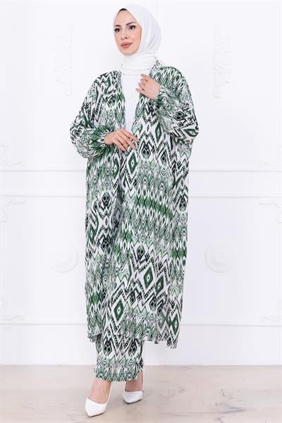 Seva Desenli Viskon Kimono Takım Yeşil HM2762