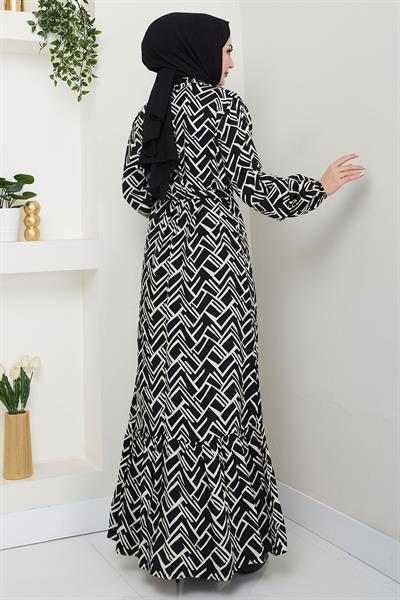 Sevim Desenli Yazlık Viskon Elbise Siyah HM2677