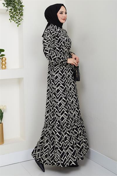 Sevim Desenli Yazlık Viskon Elbise Siyah HM2677