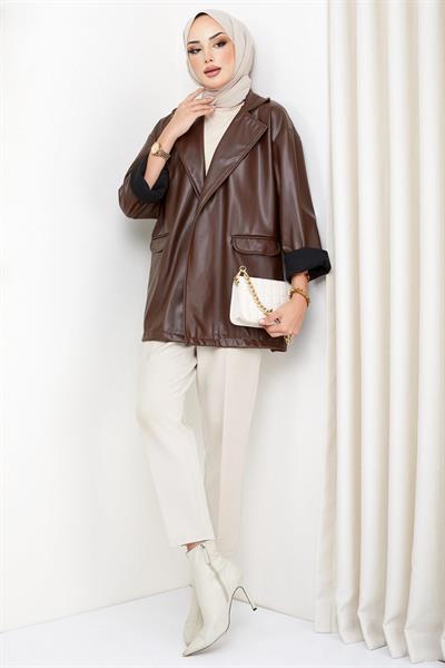 Oversize Deri Ceket Kahverengi HM2338