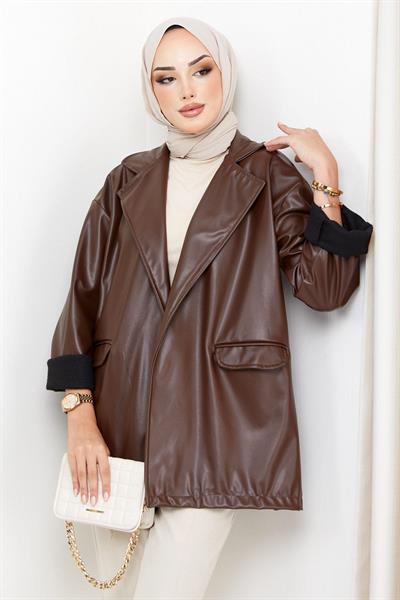 Oversize Deri Ceket Kahverengi HM2338
