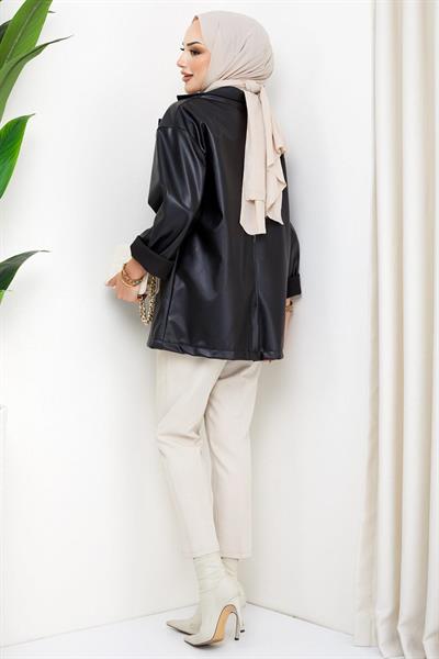 Oversize Deri Ceket Siyah HM2338