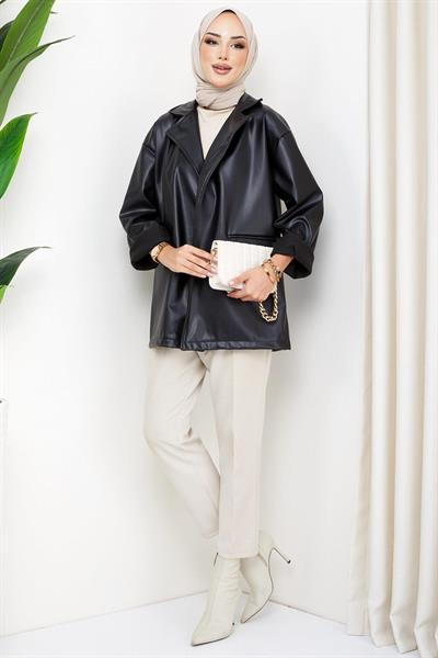 Oversize Deri Ceket Siyah HM2338