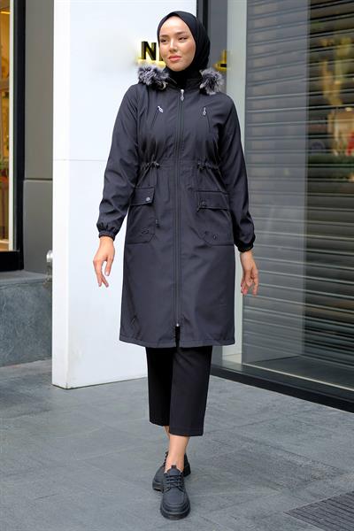 Süs Cepli İçi Peluş Mont Siyah HM2295