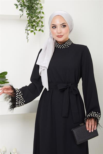 Taş Detaylı Abiye Elbise Siyah HM22464