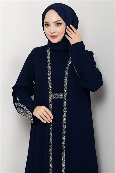 Taş Detaylı İçlikli Abaya Takım Lacivert HM2858