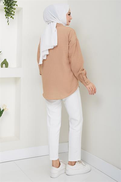 Tek Cepli Uzun Kol Oversize Keten Gömlek Vizon HM2651