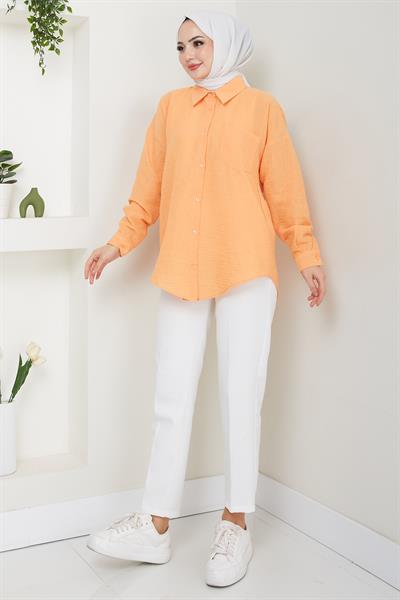 Tek Cepli Uzun Kol Oversize Keten Gömlek Turuncu HM2651