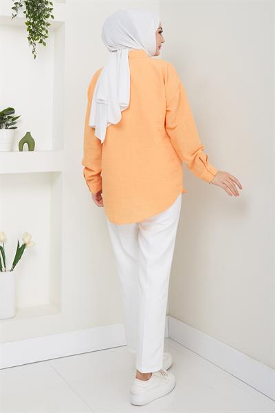Tek Cepli Uzun Kol Oversize Keten Gömlek Turuncu HM2651
