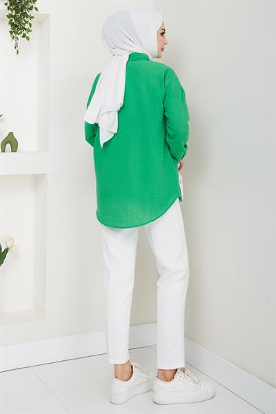Tek Cepli Uzun Kol Oversize Keten Gömlek Yeşil HM2651