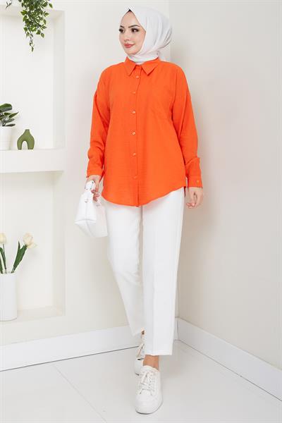 Tek Cepli Uzun Kol Oversize Keten Gömlek Mercan HM2651