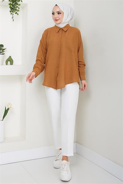 Tek Cepli Uzun Kol Oversize Keten Gömlek Taba HM2651