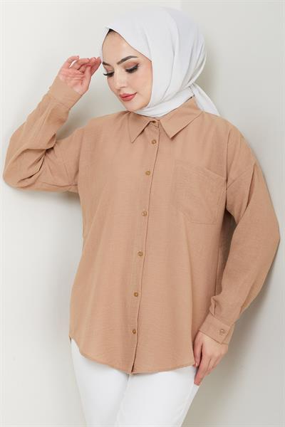 Tek Cepli Uzun Kol Oversize Keten Gömlek Vizon HM2651