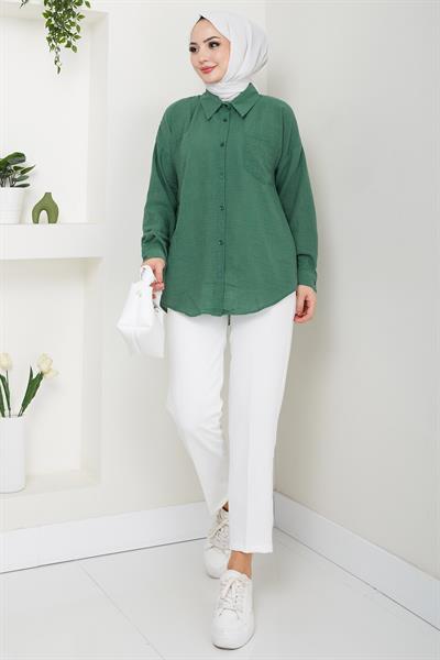 Tek Cepli Uzun Kol Oversize Keten Gömlek Haki HM2651