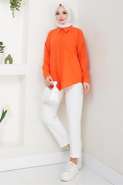 Tek Cepli Uzun Kol Oversize Keten Gömlek Mercan HM2651