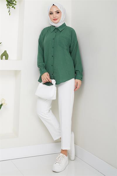 Tek Cepli Uzun Kol Oversize Keten Gömlek Haki HM2651