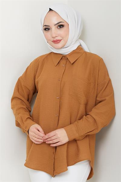 Tek Cepli Uzun Kol Oversize Keten Gömlek Taba HM2651