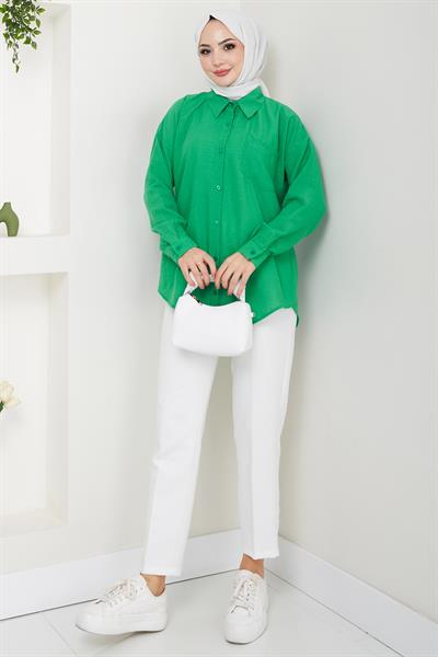 Tek Cepli Uzun Kol Oversize Keten Gömlek Yeşil HM2651