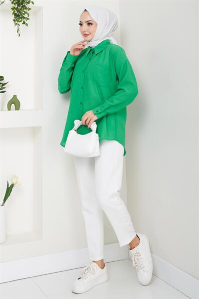 Tek Cepli Uzun Kol Oversize Keten Gömlek Yeşil HM2651