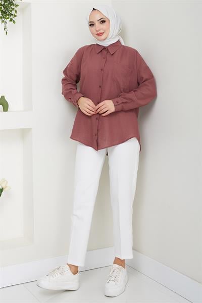 Tek Cepli Uzun Kol Oversize Keten Gömlek Gül Kurusu HM2651
