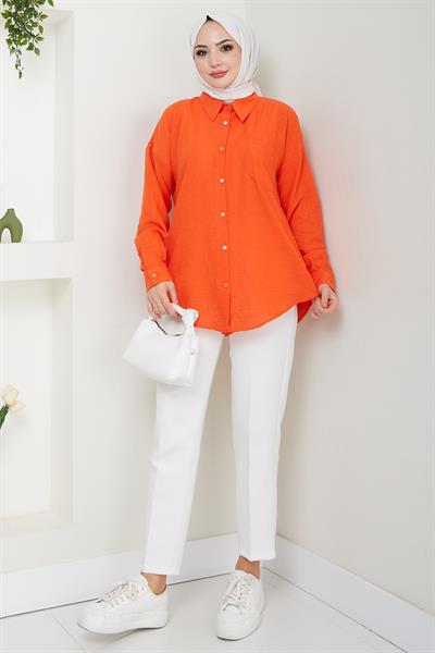 Tek Cepli Uzun Kol Oversize Keten Gömlek Mercan HM2651