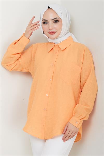 Tek Cepli Uzun Kol Oversize Keten Gömlek Turuncu HM2651