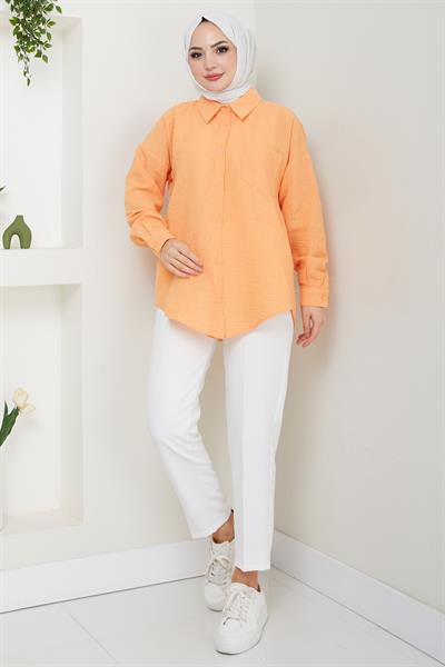 Tek Cepli Uzun Kol Oversize Keten Gömlek Turuncu HM2651