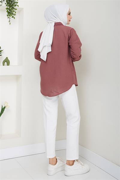 Tek Cepli Uzun Kol Oversize Keten Gömlek Gül Kurusu HM2651