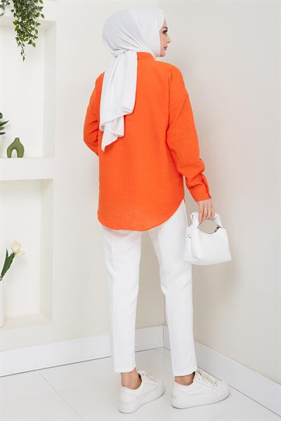 Tek Cepli Uzun Kol Oversize Keten Gömlek Mercan HM2651