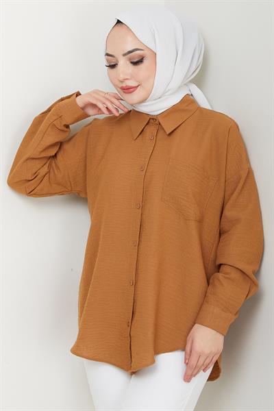 Tek Cepli Uzun Kol Oversize Keten Gömlek Taba HM2651