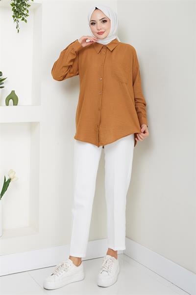 Tek Cepli Uzun Kol Oversize Keten Gömlek Taba HM2651
